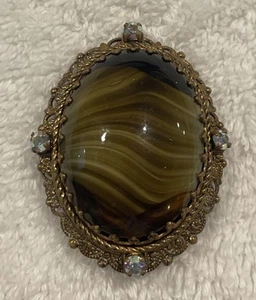 Spilla filigrana oro strass vetro porfido marrone Germania Ovest vintage - Foto 1 di 11