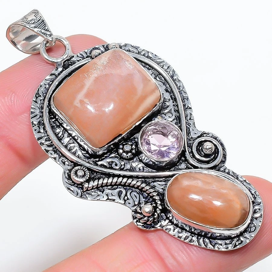 Natural Sunstone Gemstone Handmade 925 Sterling Silver jewelry Pendant Size 2.6" - Image 1 of 1