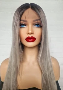 Ombre Silver Grey Hair Wig Soft Pink Tips Long Full Hair Wig Dark Roots - Picture 1 of 5