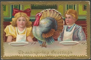 Thanksgiving Greetings Boy Girl Sitting Table Turkey 1909 Holiday Postcard - Picture 1 of 1