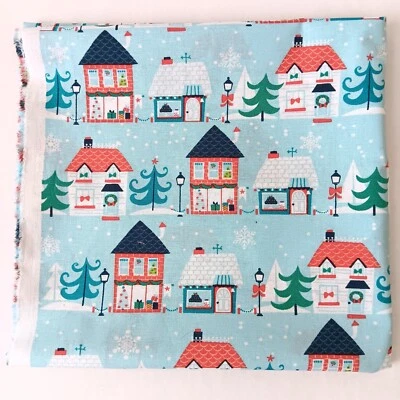 Jo-Ann Light Blue Christmas Houses Cotton Fabric 1/2 yd x 43" - Image 1 of 4