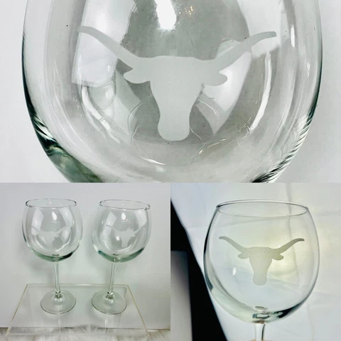 Pair Of 2 Texas Longhorns Stemmed Wine Glass Large Mouth Clear Frosted Logo EXC! Cover