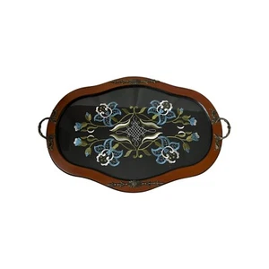 Vintage Wood Brass Glass Black Serving Tray Platter Flowers Embroidery Art - Picture 1 of 24