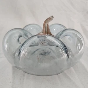 Glass Pumpkin Clear W/ Gold Glitter Shimmer Stem Hand Blown Artisan 7"W X 4.5"H - Picture 1 of 6