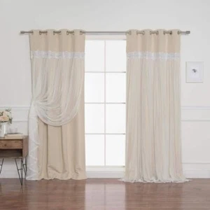 Best Home Fashion Blackout Curtain 52" x 84" Grommet Beige Lace Border Set of 2 - Picture 1 of 5