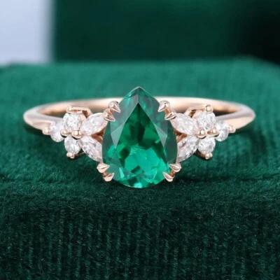 Lab-Created Emerald Wedding Ring For Women, 925 Sterling Silver Engagement Ring. - Image 1 of 4