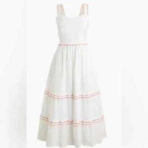 J Crew Factory Dress Womens 0 White Pink Orange Trim Midi Tiered Sun Beach NWT - Picture 1 of 13