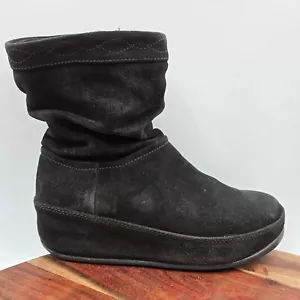 FitFlop Crush Boots Women's 7 Black Suede Slouch Fleece Lined Wedge Zip Platform - Picture 1 of 12