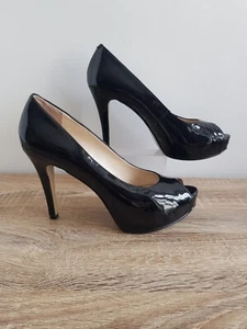 Nine West Camya Peep Toe Heels 7 1/2M UK5.5 EUR38 Patent Leather Black - Picture 1 of 8