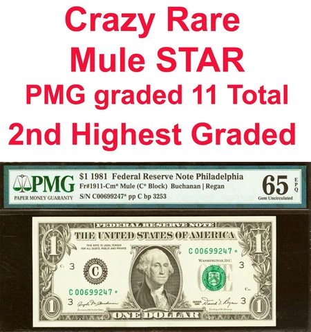 1981 $1 Federal Reserve Note PMG 65EPQ 11 known Philadelphia star Fr 1911-Cm* Cover