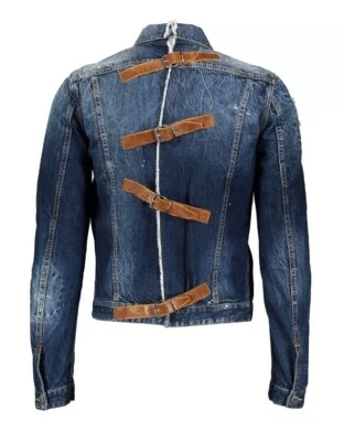 Runway Dsquared2 Blue Distressed Denim Jacket Leather Straps - Made In Italy - Image 1 of 4
