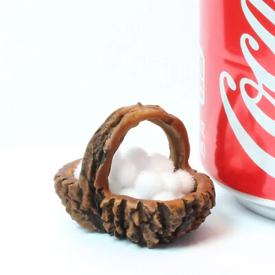 Hand Carved Black Walnut Shell BASKET of SNOWBALLS - Easter Dollhouse Miniature - Image 1 of 3
