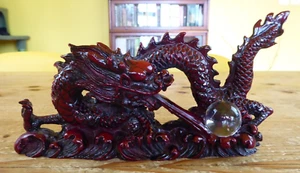 Vintage Red Resin Chinese Dragon Crystal Ball Figure 9" long - Picture 1 of 9