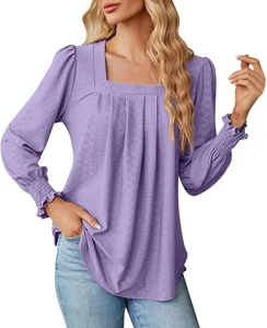 Womens Tunic Tops Casual Square Neck Long Sleeve Purple - Picture 1 of 6