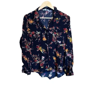 Hippie Rose Black Floral Print Button Up Long Sleeve Blouse Top XL Rayon - Picture 1 of 8