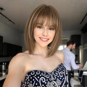 12 inch Human Hair Wigs with Bangs Layered w/ Realistic Scalp Brown Mixed Blond - Picture 1 of 9