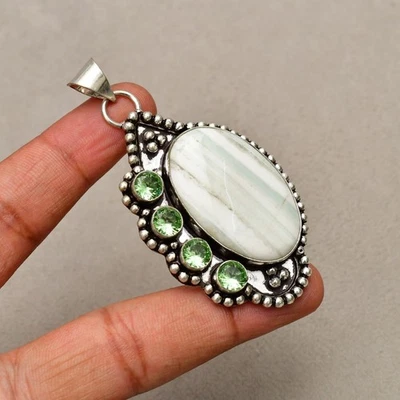 Ciondolo gioiello fatto a mano in argento sterling 925 con pietra preziosa op... - Immagine 1 di 4