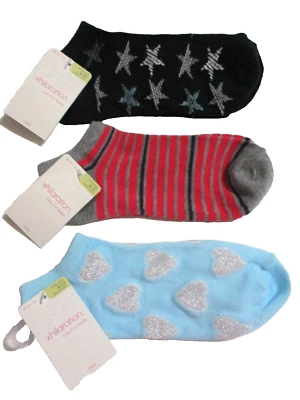 全新 女式 3 对 9-11 XHILARATION 低帮袜 黑色星星 条纹 AQUA 心形  — 第 1/4 张图片