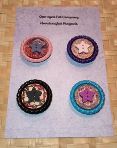 Handcrafted Magnet Set Of 4 Metal Bottle Cap Wooden Button Star Colorful  - Picture 1 of 3