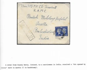 GB 1940(?) Cubierta a Baluchistán - No abierta por Censor - Imagen 1 de 4