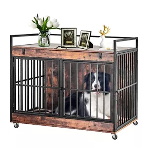 Large Dog Crate Wooden Kennel Heavy Duty Cage w/ Wheels End Table Pet Furniture - Picture 1 of 10