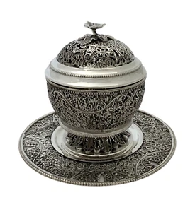 PLATO Y BANDEJA DE MIEL ORNAMENTADA FLORAL HECHA A MANO DE PLATA ESTERLINA 925 ITALIANA - Imagen 1 de 6