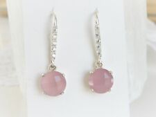 Sterling Silver 925 Pink Chalcedony Long Dangle Drop Modern Earrings