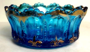 VR -JEFFERSON GLASS clear BLUE GLASS gilt IRIS W/ MEANDER 4" BERRY BOWL- URANIUM - Picture 1 of 8