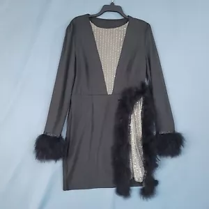 Women's Mesh Party Sexy Dress Long Sleeve Faux Fur Cuff Black Size L - Picture 1 of 11