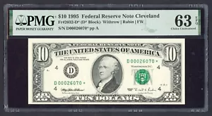 1995 $10 Fr#2032-D* FRN D* Star Note Cleveland PMG 63 EPQ Serial# D00026070* - Picture 1 of 2