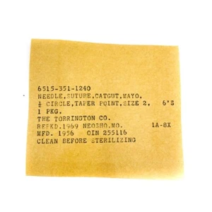 Vietnam Era 6515-351-1240 Mayo Catgut Suture Needle 1/2 Circle Taper, Dated 1956 - Picture 1 of 2