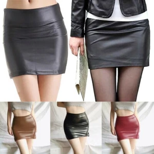 Minigonna nera in pelle poliuretano vita alta stretta cerniera elastica abito da - Picture 1 of 14