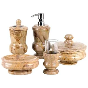 5 Piece Bathroom Accessory Set of Sahara Beige Marble - Picture 1 of 1