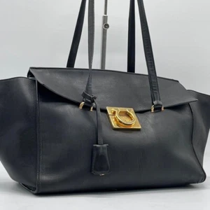 Salvatore Ferragamo Gancini Women's Tote Shoulder Bag Handbag Leather Black Gold - Picture 1 of 10