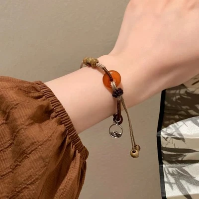 Bernstein Jade Perlen Seil Armband mit verstellbarer Doppelkette und Berg Charm - Bild 1 von 4