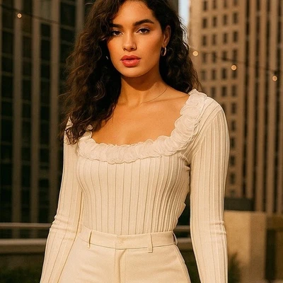 Top de seda acanalado Grace Elements para mujer escote con volantes invierno blanco mediano Y2K hada Foto 1 de 4