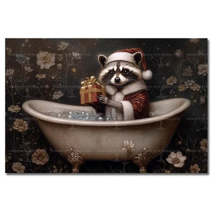 WEIHNACHTEN WASCHBÄR IN BADEWANNE KUNSTDRUCK, Cottagecore Poster Fantasy Urlaub Deko - Bild 1 von 2