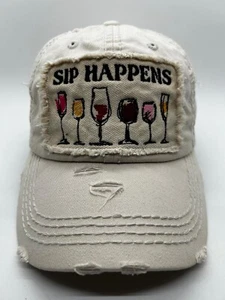 Gorra sombrero Kbethos Sip Happens algodón envejecido tazas de vino beige claro vintage - Imagen 1 de 7