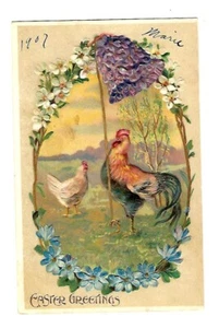 Postal de Pascua de principios de 1900 pollos y campana no me olvides, en relieve - Imagen 1 de 2