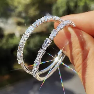 3Ct Baguette & Round Simulated Diamond Huggie Hoop Earring 14K White Gold Plated - Picture 1 of 10