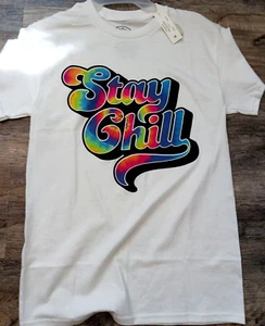 DOM Stay Chill Graphic Tee T-Shirt Mens Small White Tie Dye Rainbow New NWT - Picture 1 of 3