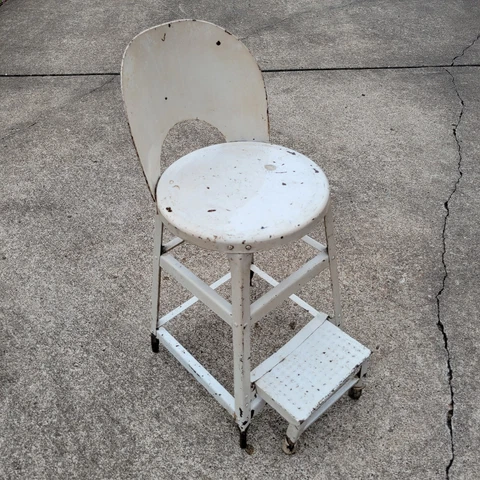 Vtg 1940's White Kitchen Chair Stool All Metal with Folding Foot Rest Step Cover