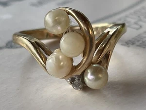 Racimo de perlas vintage de 14K de 4 perlas y 1 diamante de 3,40 gramos - Imagen 1 de 7