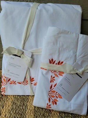 Pottery Barn Blossom Embroidered Organic Percale Twin Duvet & Euro Sham Orange   - Image 1 of 4
