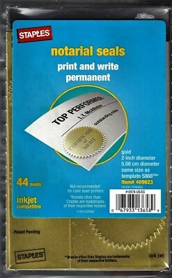 STAPLES BRAND~ PRINT/WRITE GOLD NOTARY SEALS ~ 2" DIAMETER ~ 44/PACK ~ BRAND NEW - Image 1 of 2