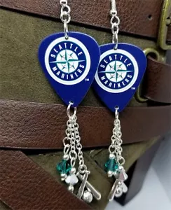 Pendientes púas de guitarra MLB Mariners con dije y colgantes de cristal Swarovski - Imagen 1 de 4