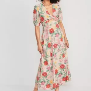 Maxi Vestido Azul Marino Antiguo XL Lino Torcido Mezcla Floral Ajustable Corbata Cintura Cerradura - Imagen 1 de 12