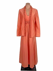 Vintage 60s 70s Melon Orange Floral Beaded Goddess Maxi Dress Gown Shawl 2pc - Picture 1 of 14