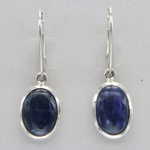925 Sterling Silver - Blue Oval Kyanite Leverback Earrings Natural Gemstone #32 - Picture 1 of 8