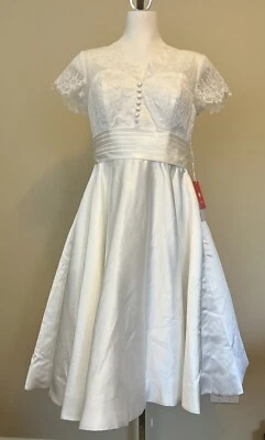 NEW JJs House Fit Flare Tea Length Lace Satin Ivory Wedding Dress Custom Sz 8/10 - Image 1 of 4